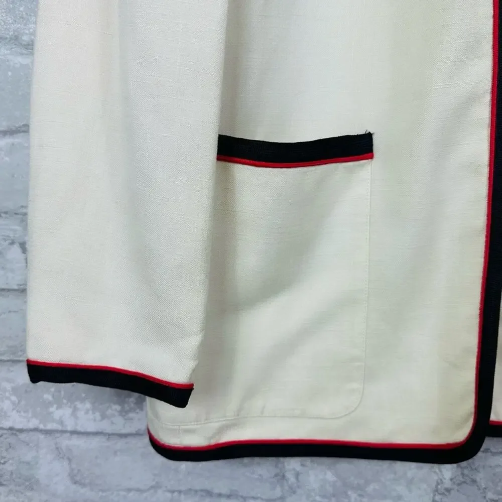 Vintage Christian Dior Linen Blend Jacket Size 6 Cream Black Red Classic Prep
